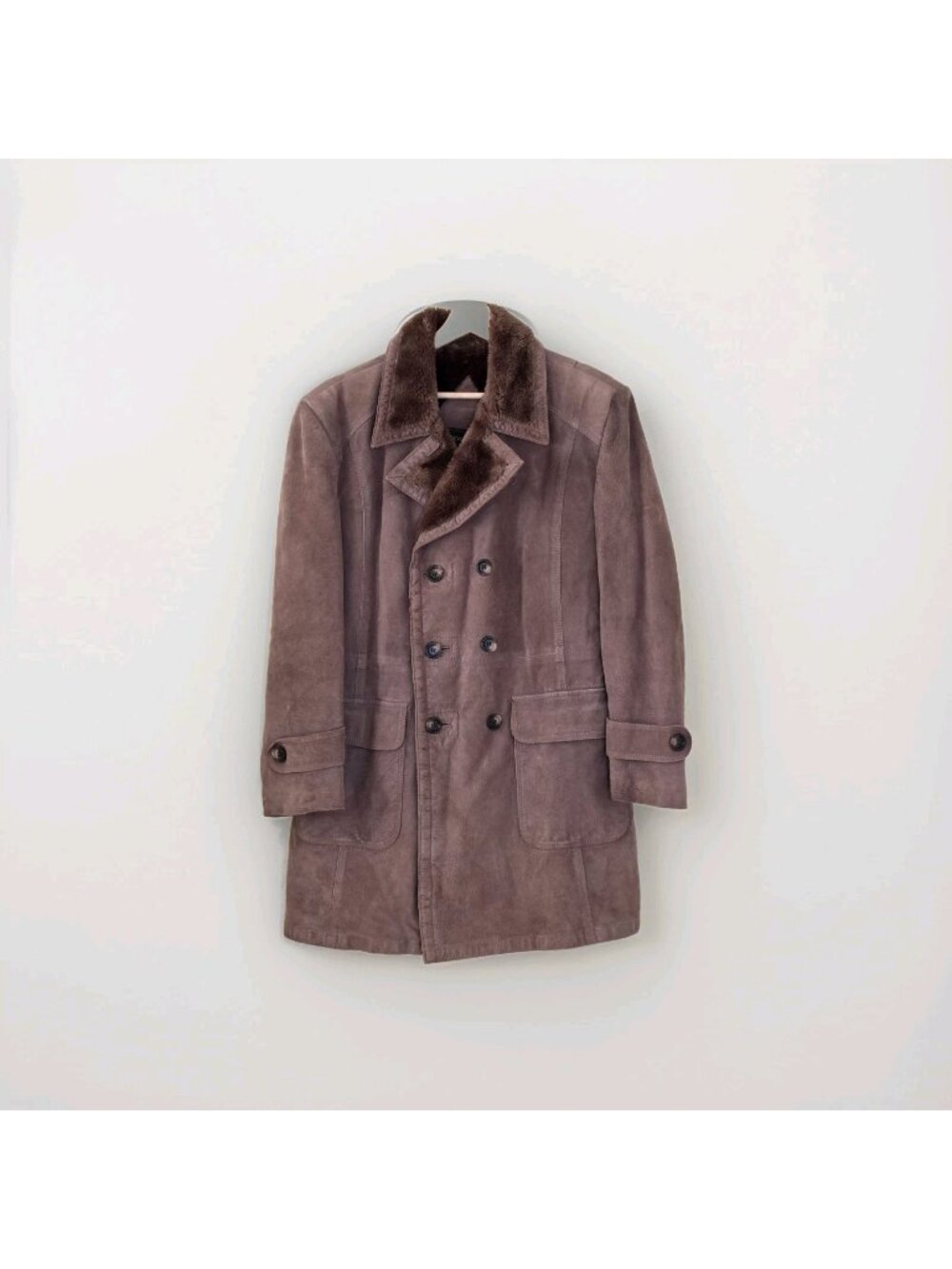 VTG Browns Mens Clothiers Toronto Suede Leather Coat 40 Tan Faux Fur Collar 70s